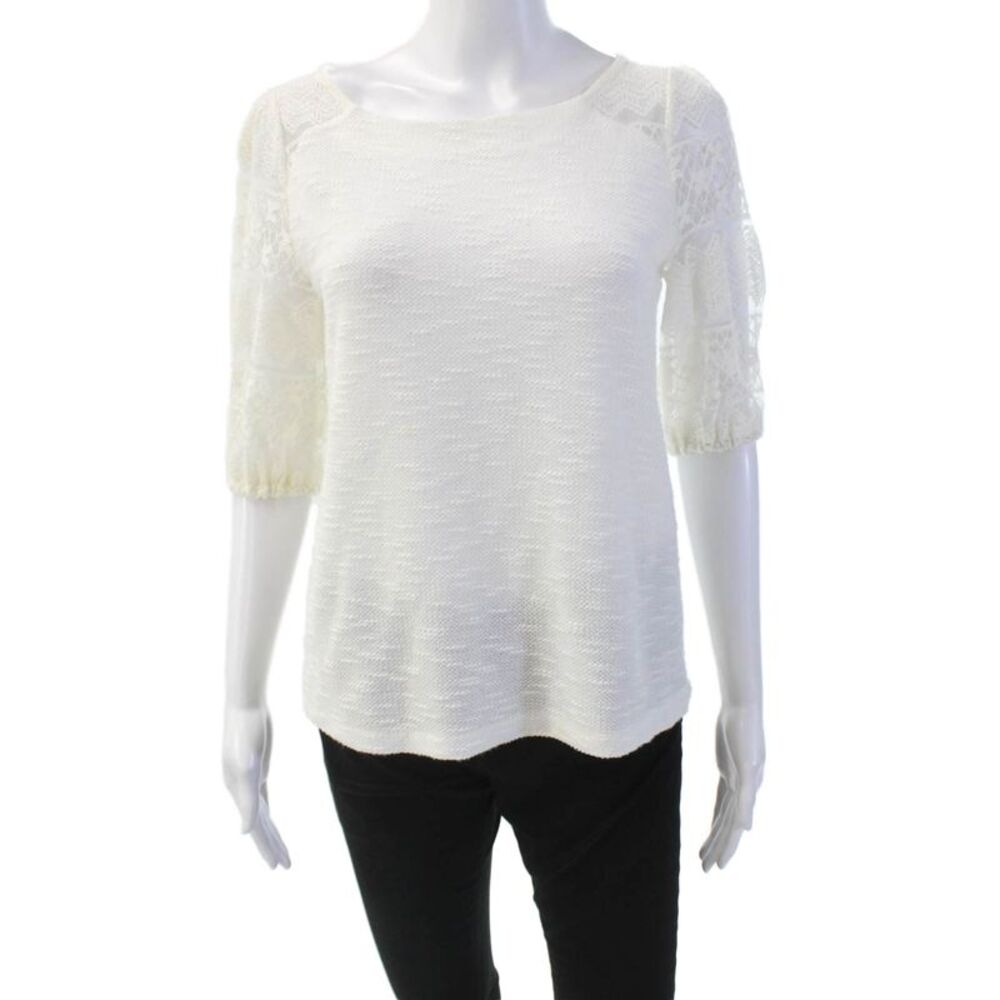 9-H15 STCL Womens Lace Trim Scoop Neck Textured Blouse Top White Size XS